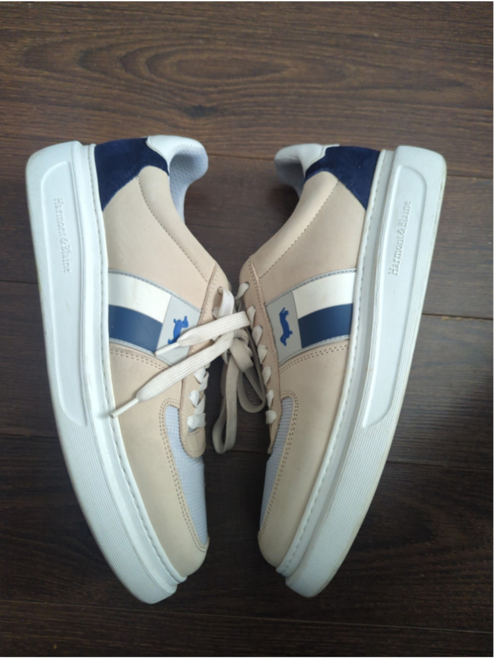 Men's Harmont & Blaine Sneakers in Beige and Blue with Side Logo - Picture 6 of 14